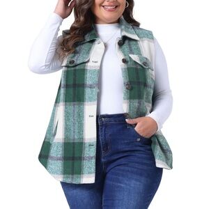 Agnes Orinda Plus Size Coat for Women Plaid Vest Coat Slash Pockets Sz 4X Green